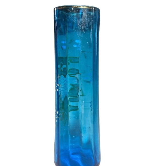 Rare Vintage Hand Painted Blue and Gold Enameled Glass Bud Vase - Picture 3 of 8